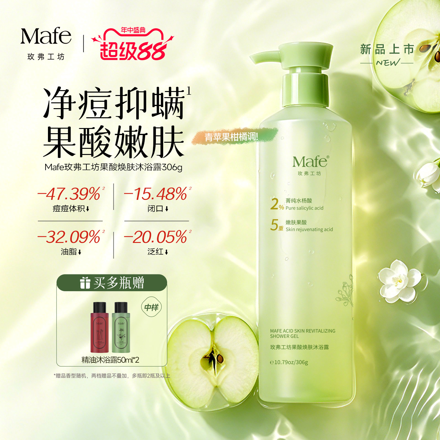 Mafe玫弗工坊果酸沐浴露2%水杨酸去角质鸡皮美白除螨后背祛痘女男 - 实物图
