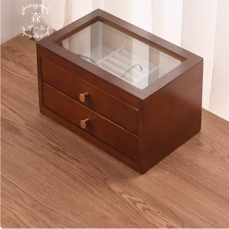 实木多抽屉首饰盒白色胡s桃木色收纳盒戒指手镯存放盒大容量耳饰