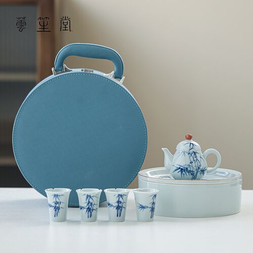 便携式旅行功夫茶k具套装带盘户外露营随身茶具一壶四杯手绘泡茶