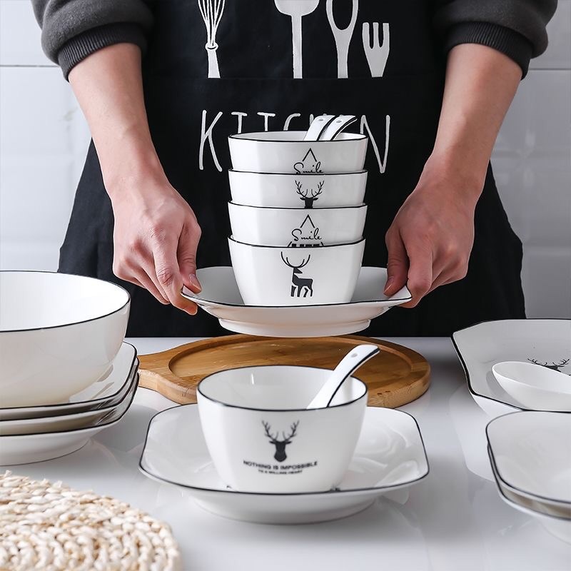 碗碟套装家用2人4人6人t10食新款陶瓷餐具碗盘组合碗筷套饭碗一鹿