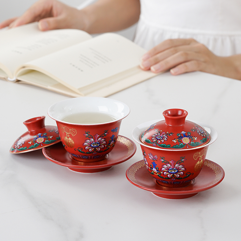 珐瑯彩高档结婚敬茶杯一对改口喜杯陶瓷盖碗套装新V人陪嫁婚庆用