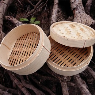 泗纶无胶水竹蒸笼j 二笼一盖家用竹笼屉 绿色竹制厨具 送草垫包邮