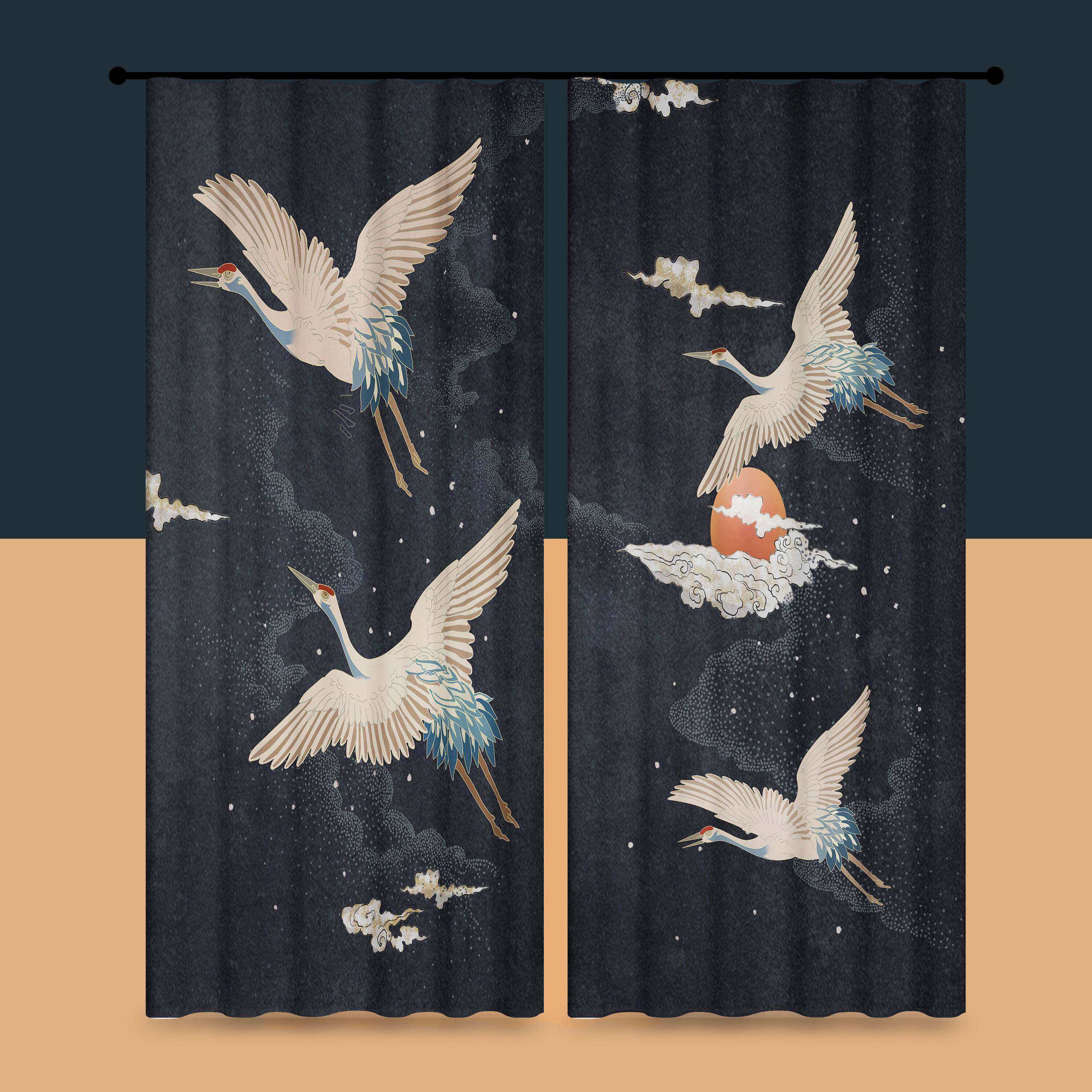 新中式仙鹤南飞款全遮光窗帘 客厅卧室遮光布免打孔