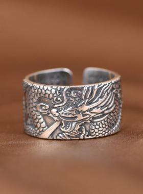 网红-S990足银仿古工艺泰银龙头指环跨境男款心经经文开口龙戒指