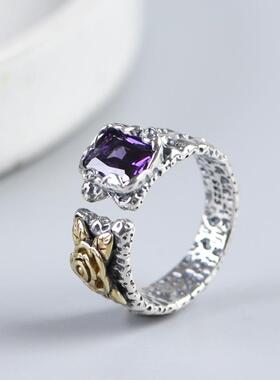 网红- 金色玫瑰 敲面开口指环 合成立方氧化锆镶嵌戒指S925银女