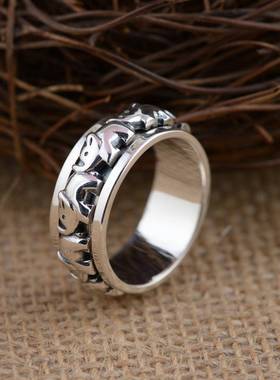 网红-S925纯银复古工艺大象可转动戒指男款时尚简约银饰指环