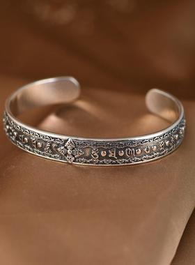 网红- S925银手镯 复古云纹十字金刚杵梵文文字贵妃口女款银镯子