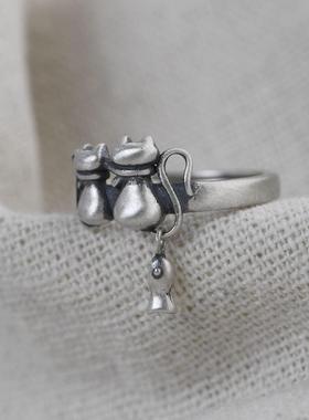 网红- S925银复古做旧情侣小花猫开口指环 女款泰银时尚食指戒指