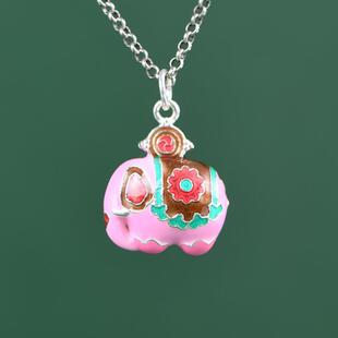 网红- 足银卡通文艺彩釉吉象大象吊饰挂件银饰项链吊坠佩饰