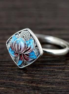 网红-S925银复古泰银食指戒 女景泰蓝牡丹花素圈开口银戒指