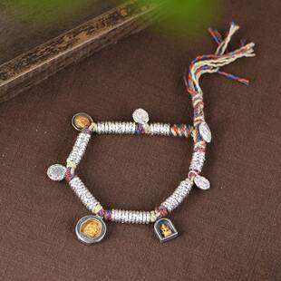 网红- S925银盘缠手链 DIY编绳锤纹银圈圈吉言文字黄财像女手串