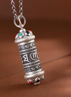 网红- 足银复古彩油六字真言可打开嘎乌盒放经文银饰项链吊坠