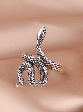 网红- S925银戒指 复古嘻哈潮人设计亮面银蛇眼镜蛇可调节女戒饰