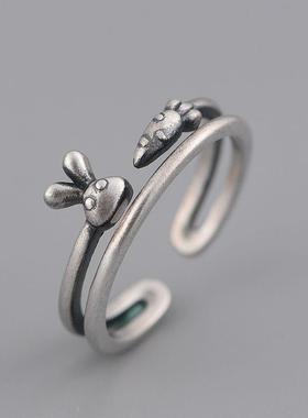 网红- S925银复古哑光泰银指环 女款可爱小白兔萝卜开口戒指