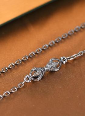 网红- S925银项链 复古工艺做旧个性链条金刚杵长款摩羯杵银饰链