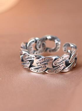 网红- S925银戒指 复古做旧 编织印花锁链设计款开口指环女戒饰