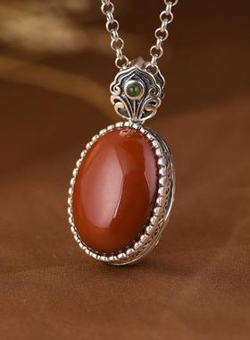 网红- S925银吊坠 复古做旧镂空牡丹花香囊香丸盒镶南红女坠饰品