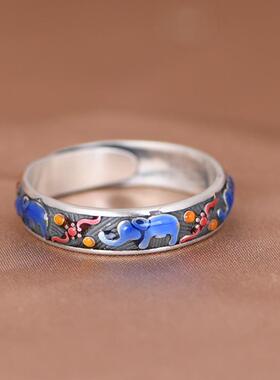 网红- 足银戒指 文艺时尚可爱滴油吉象小象做旧女戒指环开口银戒