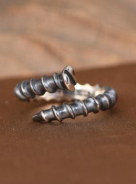 网红- S925银戒指 复古做旧潮人嘻哈银钉子开口设计指环银戒男女