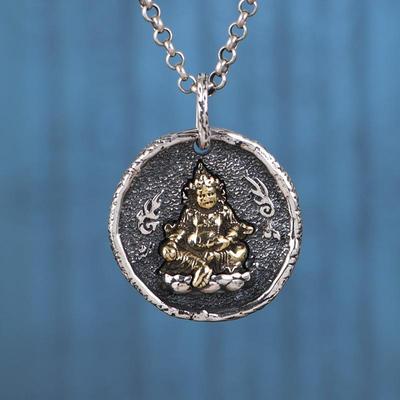 网红- S925银吊坠 复古做旧金色十字金刚杵黄财像莲花银圆牌吊饰