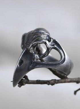 网红-S925银做旧仿古工艺手饰指环跨境男款乌鸦鹰头银饰戒指