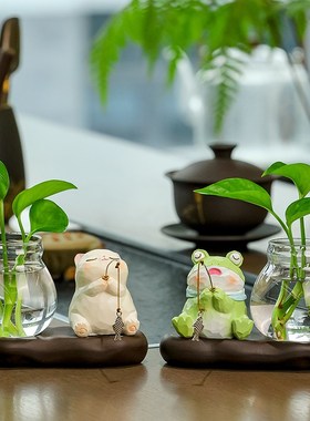 小猫钓鱼玻璃花瓶水培绿植客厅摆C件装饰品办公室桌面工位场景好