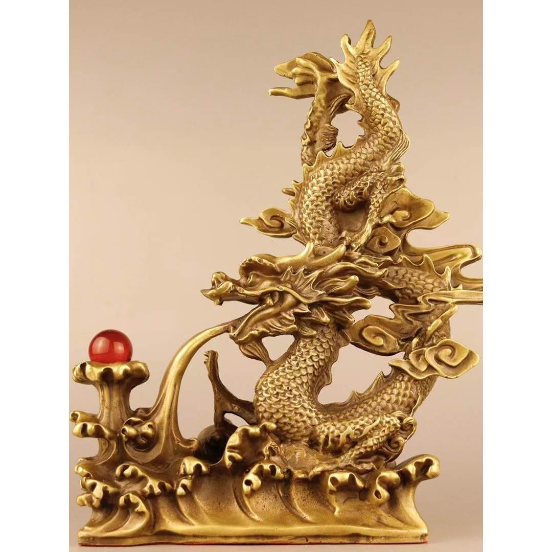 纯铜中国龙瑞兽戏水汉龙吐珠风水神龙吉祥物摆件居家装饰工艺品