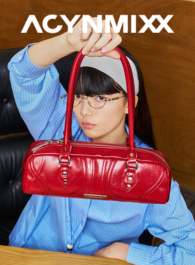 Acynmixx保龄球包包法棍包女红色包包婚包复古高级感单肩腋下包