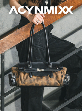 Acynmixx高级感复古豹纹机车包女25秋冬新款小众法棍包单肩腋下包