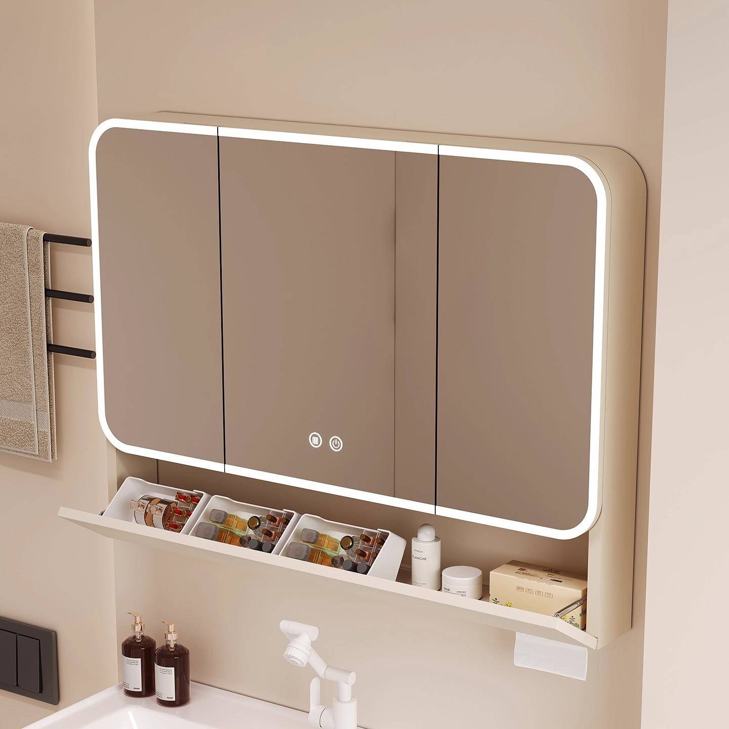 太空铝圆弧形浴室镜柜智能收纳储物柜卫生间挂墙式带梳妆镜抽纸孔