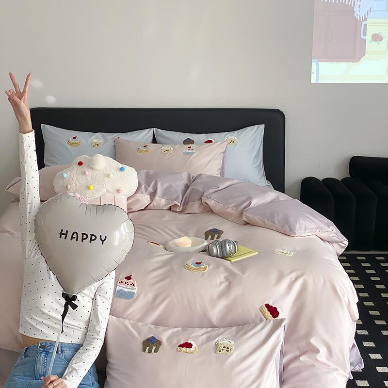 100S长绒棉蛋糕毛巾绣四件套可爱风被套床单1.8m纯棉床上用品