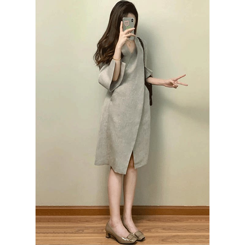 法式纯色衬衫连衣裙女夏