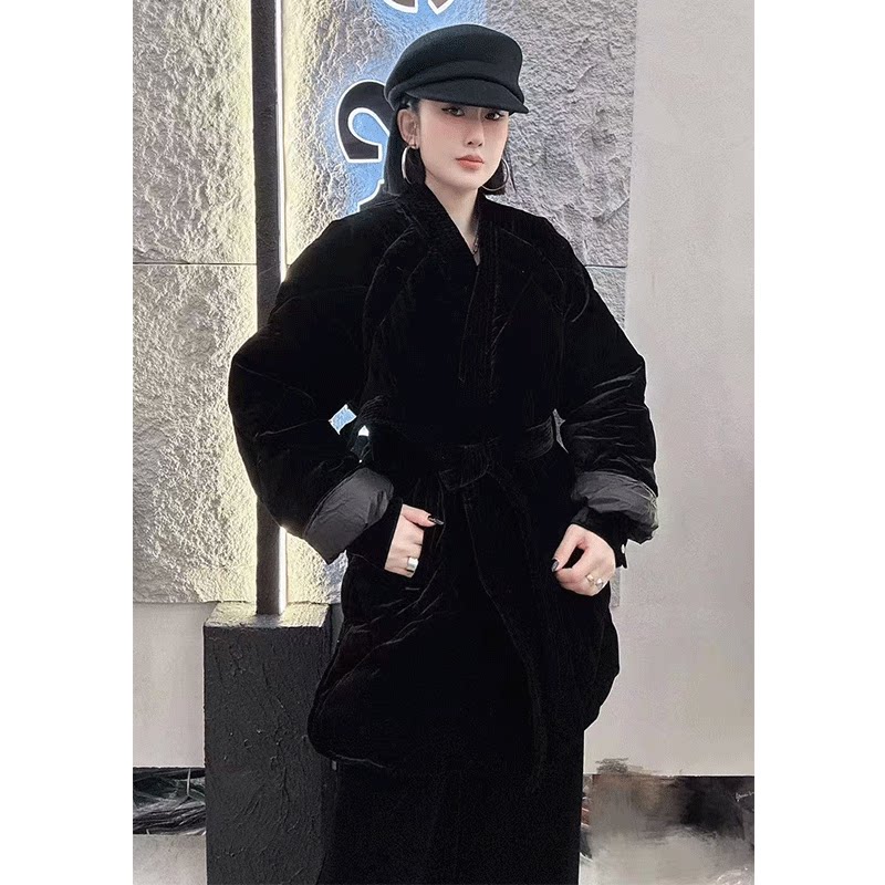 冬季新款欧货时尚丝绒拼接白鸭绒羽绒服女中长款外套