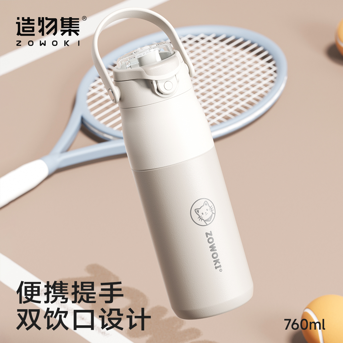 造物集便携保温杯大容量双饮口提手设计户外运动健身水杯子刻字