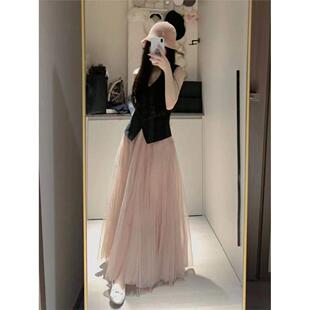 2025新款 网纱半身裙女超仙伞裙垂感 春秋粉色a字纱裙高腰中长版