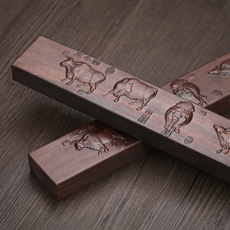 速发红木镇纸书枕五牛书雕图刻压黑檀木质镇尺礼物可用品