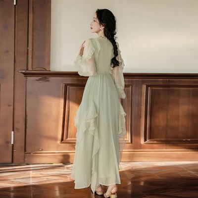 速发高级感法式飘逸仙薄荷绿礼服裙子V领长袖连衣裙长裙