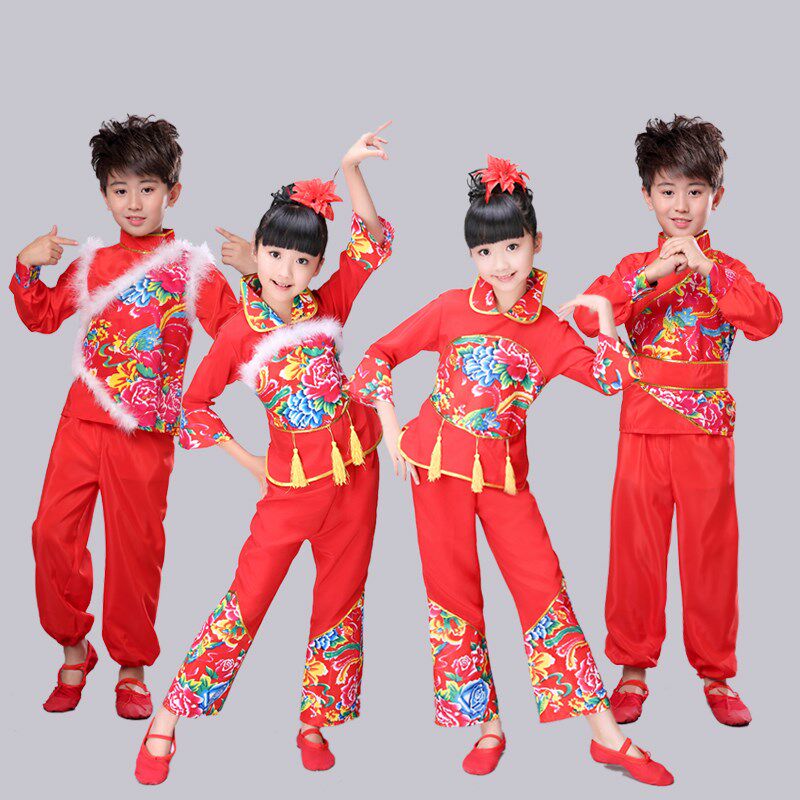 速发元旦儿童舞蹈服中国表童秧歌幼儿开门红手绢风演红色演庆喜出
