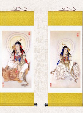 速发文奉普贤菩萨丝绸画客厅家用供殊装饰挂人画物卷轴画