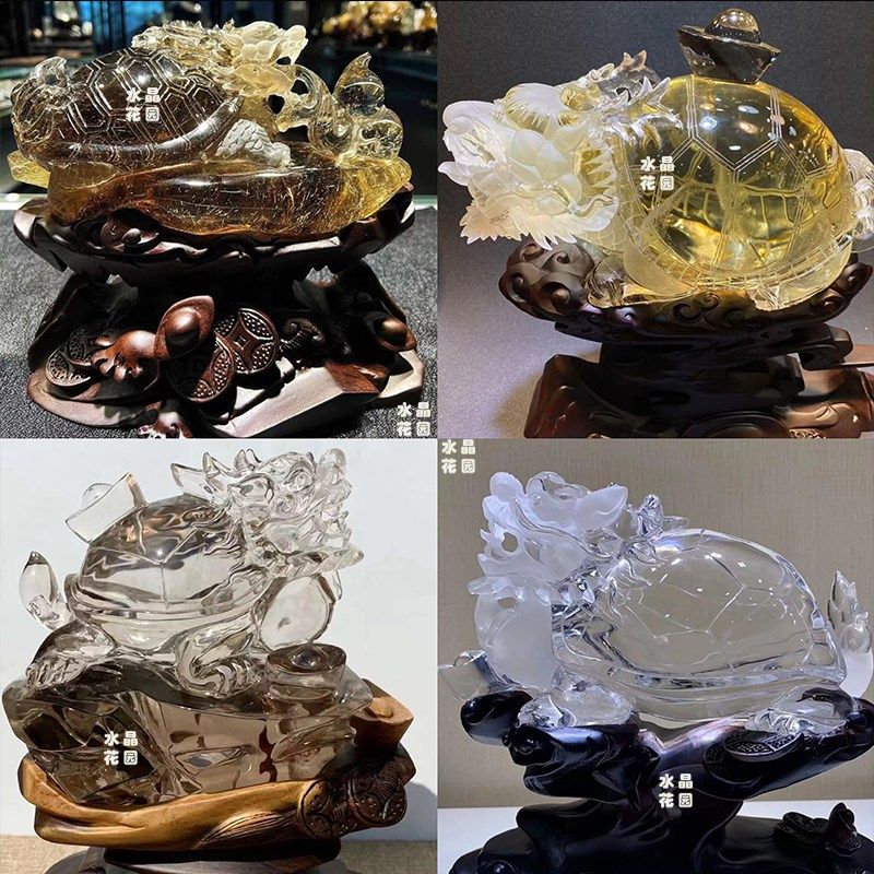 速发茶黄胶花原石白水晶雕刻金蟾貔貅龙龟摆件玄武麒麟生肖可
