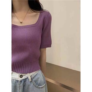 短袖方领上衣服女装2023新款春夏季冰丝针织衫薄款修身显瘦ins潮