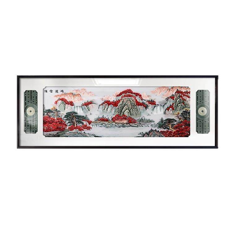 鸿运当头苏绣客厅装饰画高端中式沙发背景墙挂画大幅刺绣山水壁画