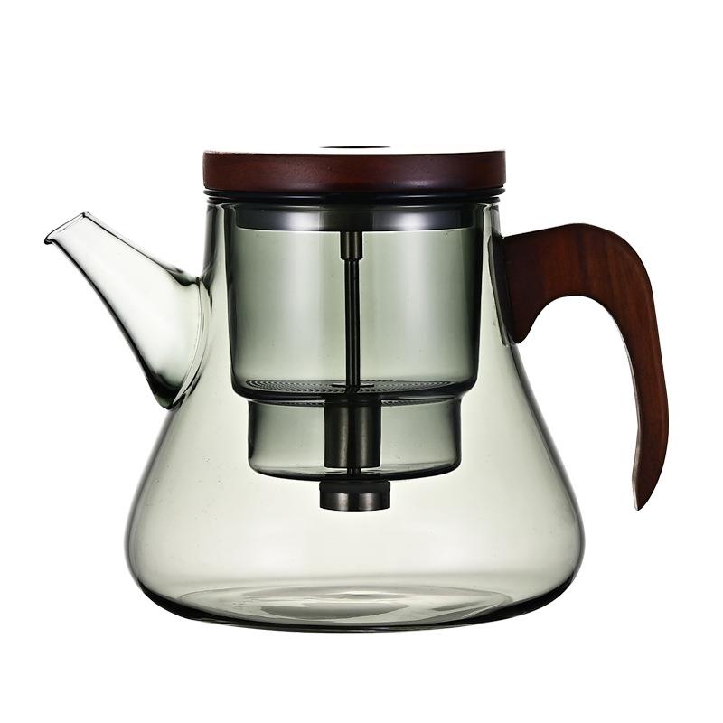 家用茶水分离泡茶壶胡桃木玻璃内胆一键把手过滤茶水分离按压茶壶