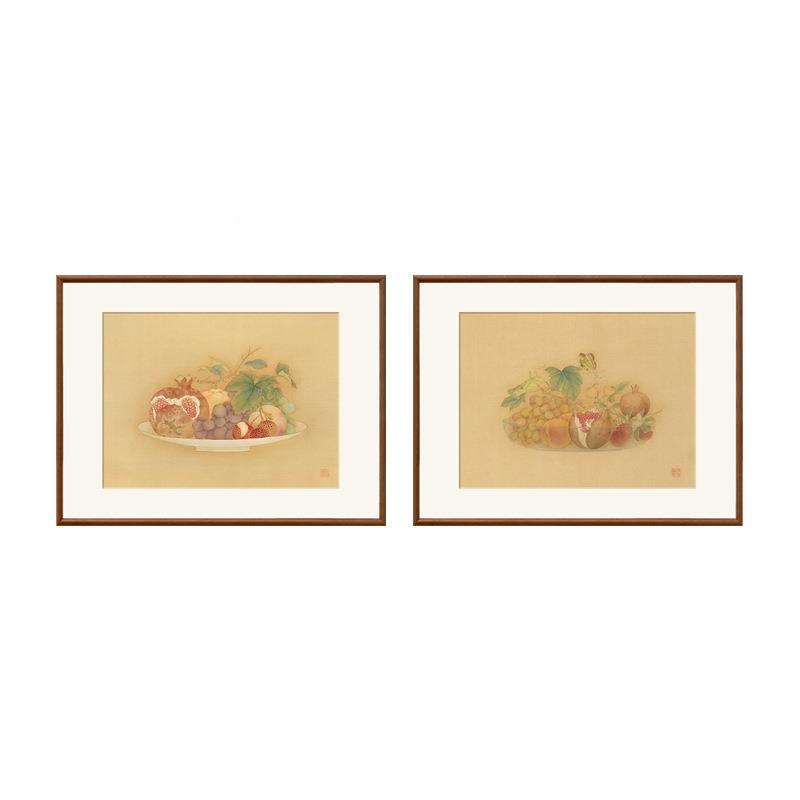 新式玄关斗柜画花鸟荔YZ202504枝原中木风餐厅墙画石榴葡风萄摆中