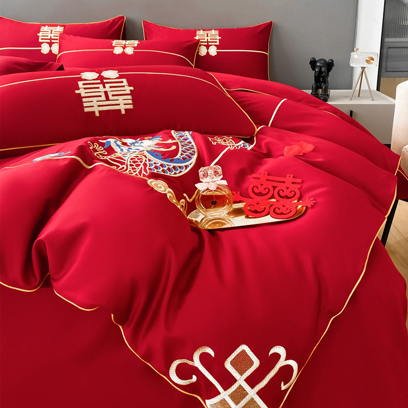 高档奢华婚庆刺绣全棉四件套w大红色床单被套纯棉结婚喜庆床上用