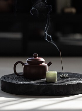侘寂风做旧实木茶盘客厅干泡台圆形茶I台白蜡木炭烧黑壶承茶托盘