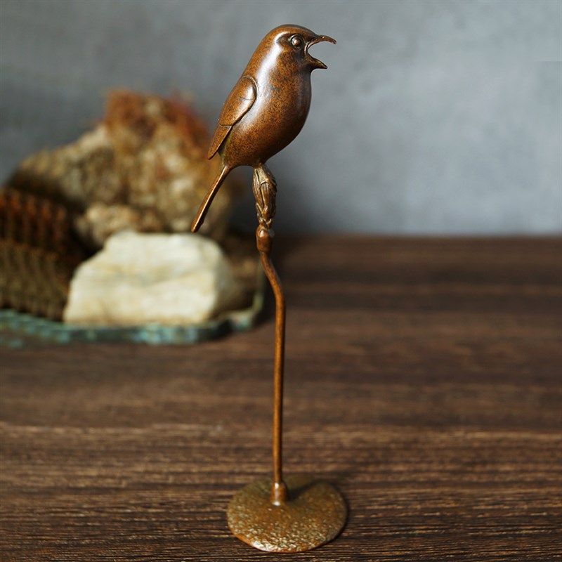 苏工实心铜枝头鸟独占枝头创x意香插茶宠茶玩书桌茶桌博古架摆件