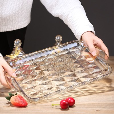 欧式轻奢水晶玻璃糖果罐子带盖长方形水果托盘家用储W物收纳零食