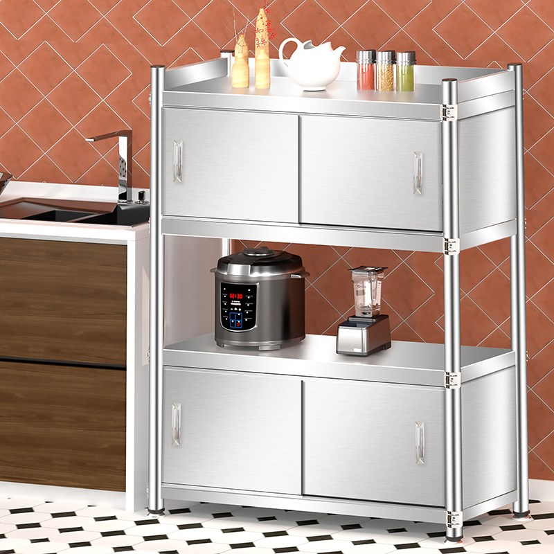 不锈钢厨房置物架储物柜多层全封闭落地带门家用R推拉门收纳餐边