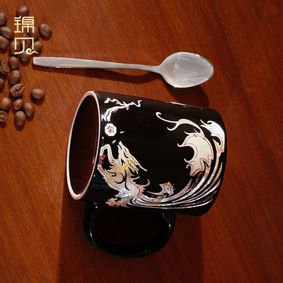 锦贝螺钿马克杯情侣陶瓷杯女国潮C创意家用办公室早餐咖啡水杯男